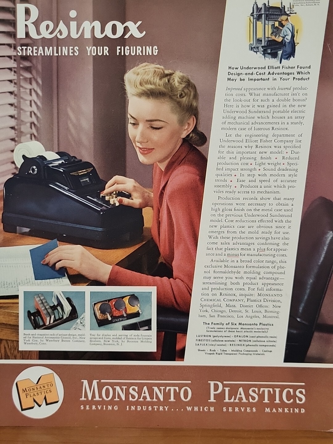 1941 Monsanto Plastics Resinox Fortune WW2 Print Ads Secretary Typing Blonde