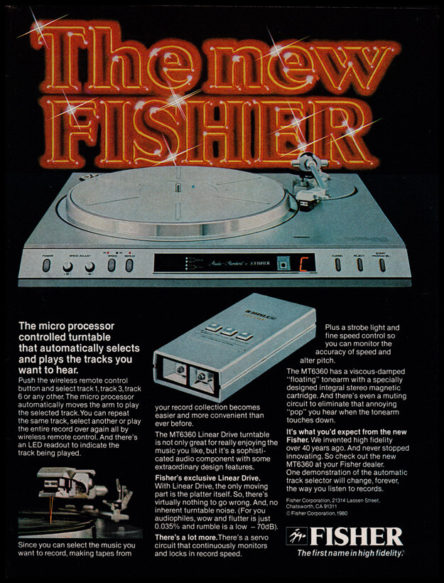 Fisher Turntable print ad 1980 wireless remote