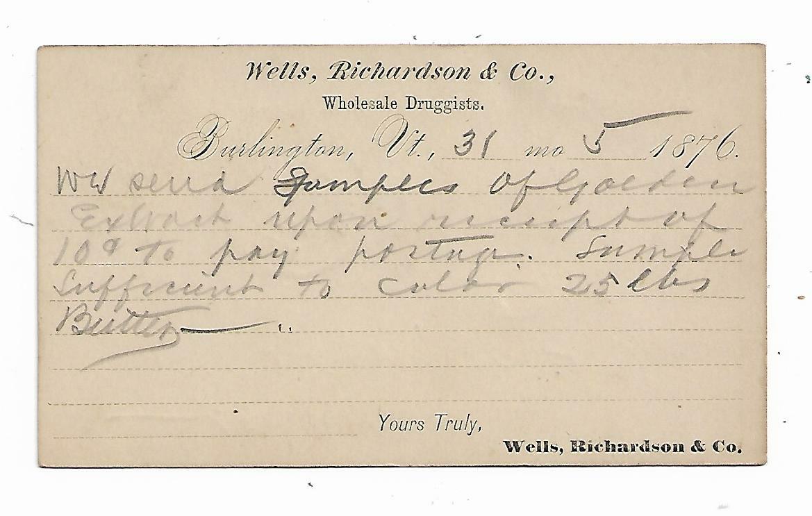 1876 Advertising Postal Card Wells Richardson Wholesale Druggists Burlington VT