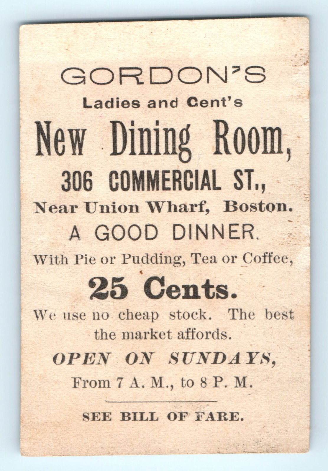 c1880s Boston MA Gordon’s Dining Room Restaurant Trade Card Union Wharf Menu 25c