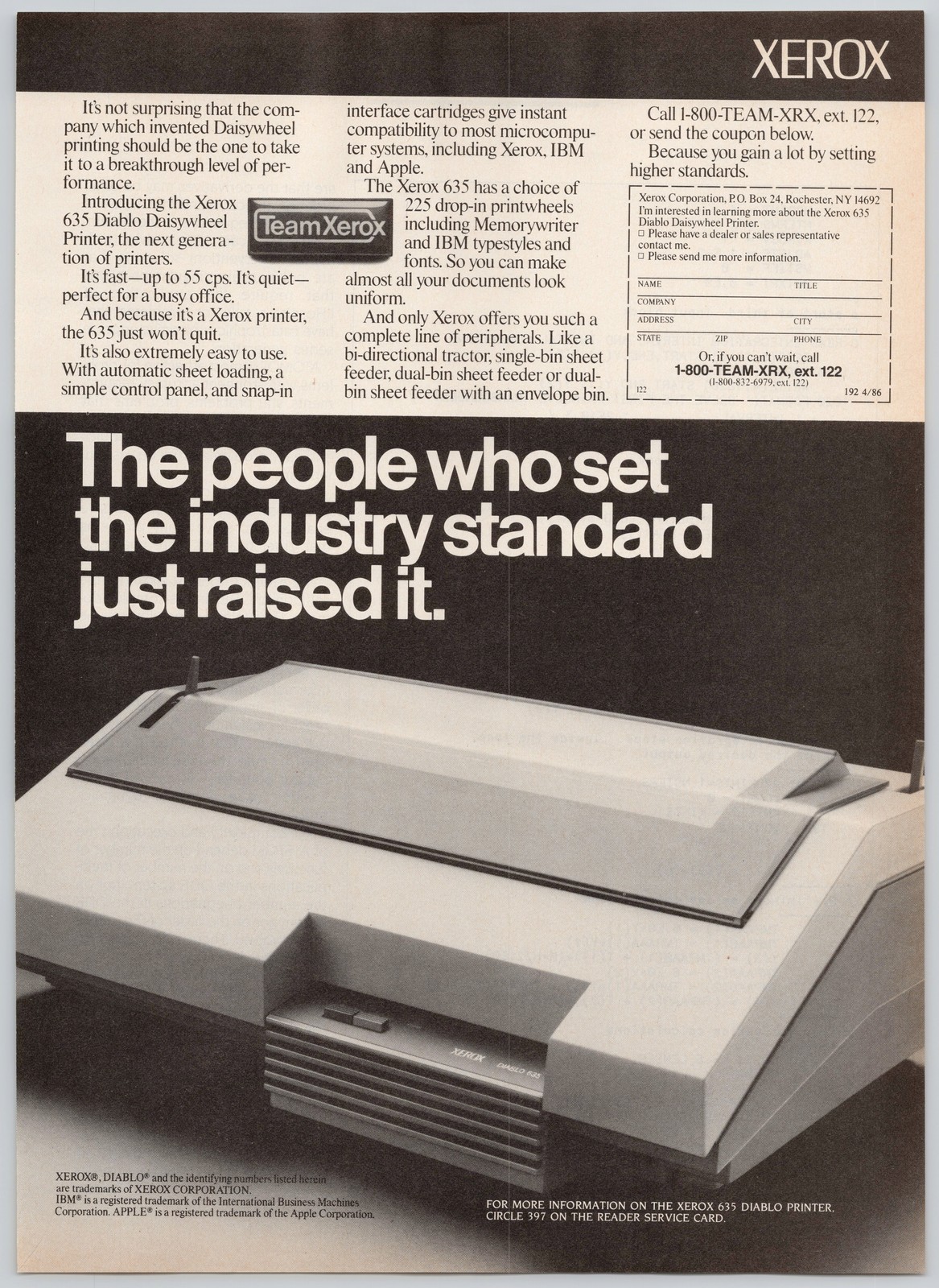Xerox Diablo 635 Daisywheel Printer Team Xerox IBM Apple 1986 Vintage Print Ad