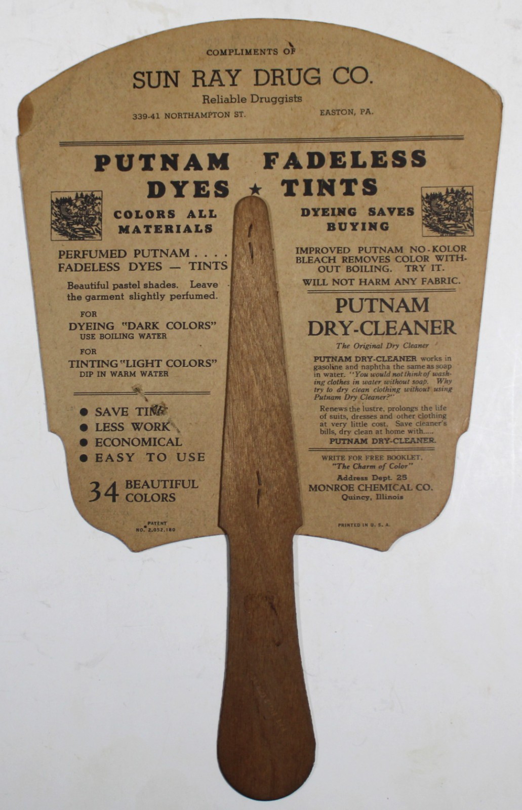 c1930 ADVERTISING HAND FAN ” PUTNAM DYES MONROE CHEMICAL CO. QUINCY,ILL.