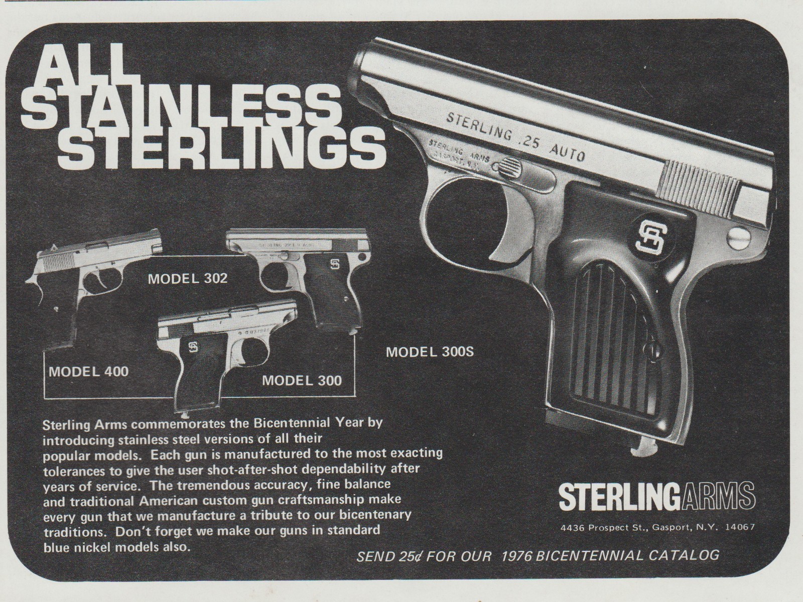 1977 Sterling Arms – Models 400, 302, 300, & 300s Auto Pistols – Print Ad Photo