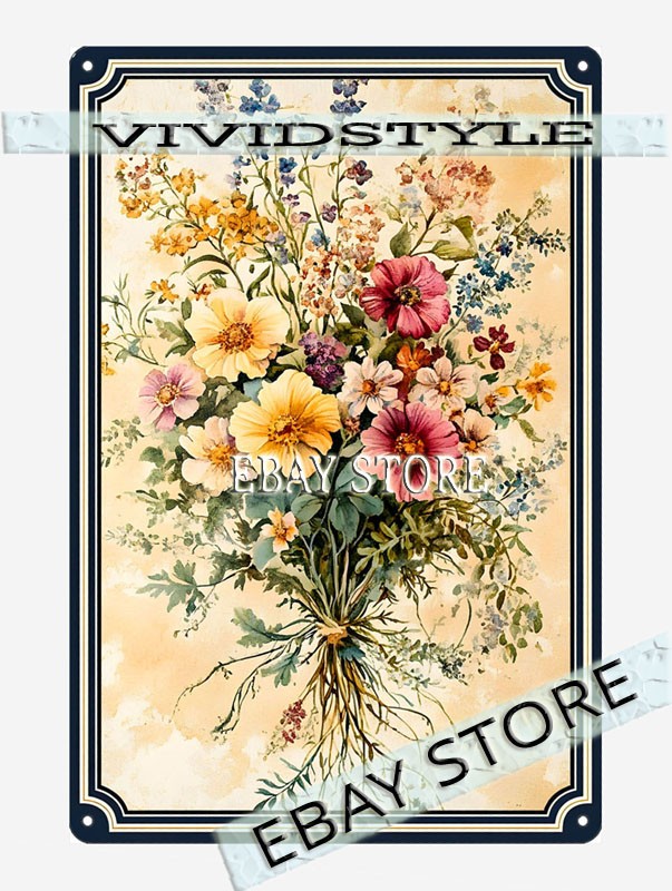 floral Metal Tin Sign watercolor bouquet decor fresh wildflower arrangement