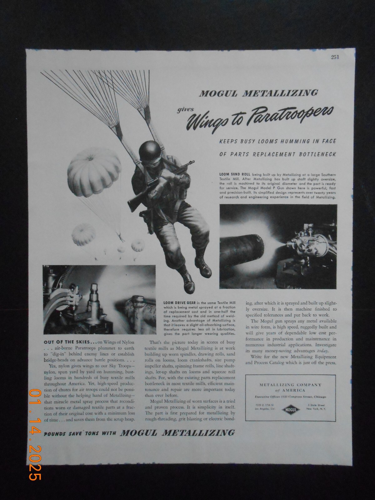 WWII War Era 1943 Metallizing Company Of America U.S. Paratrooper soldier AD CA