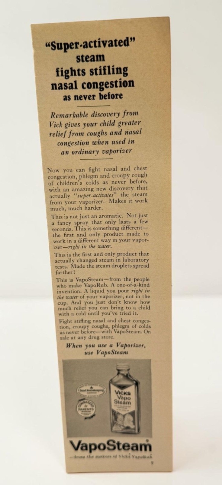 Vicks VapoSteam Vintage Print Ad 1960s Steam Nasal Congestion Fighter