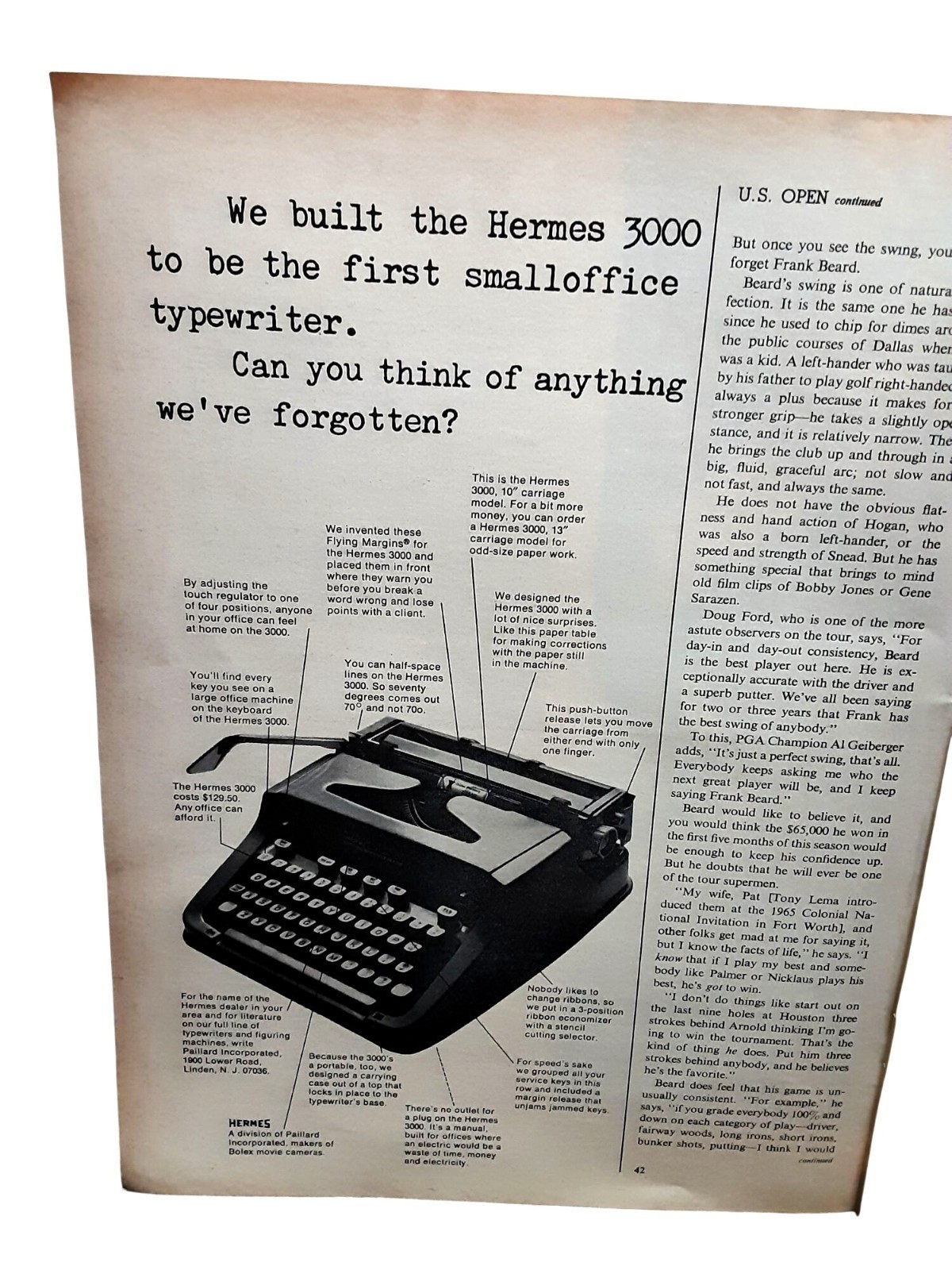 1967 Hermes 3000 Typewriter Vintage Print Ad Office Machine Retro