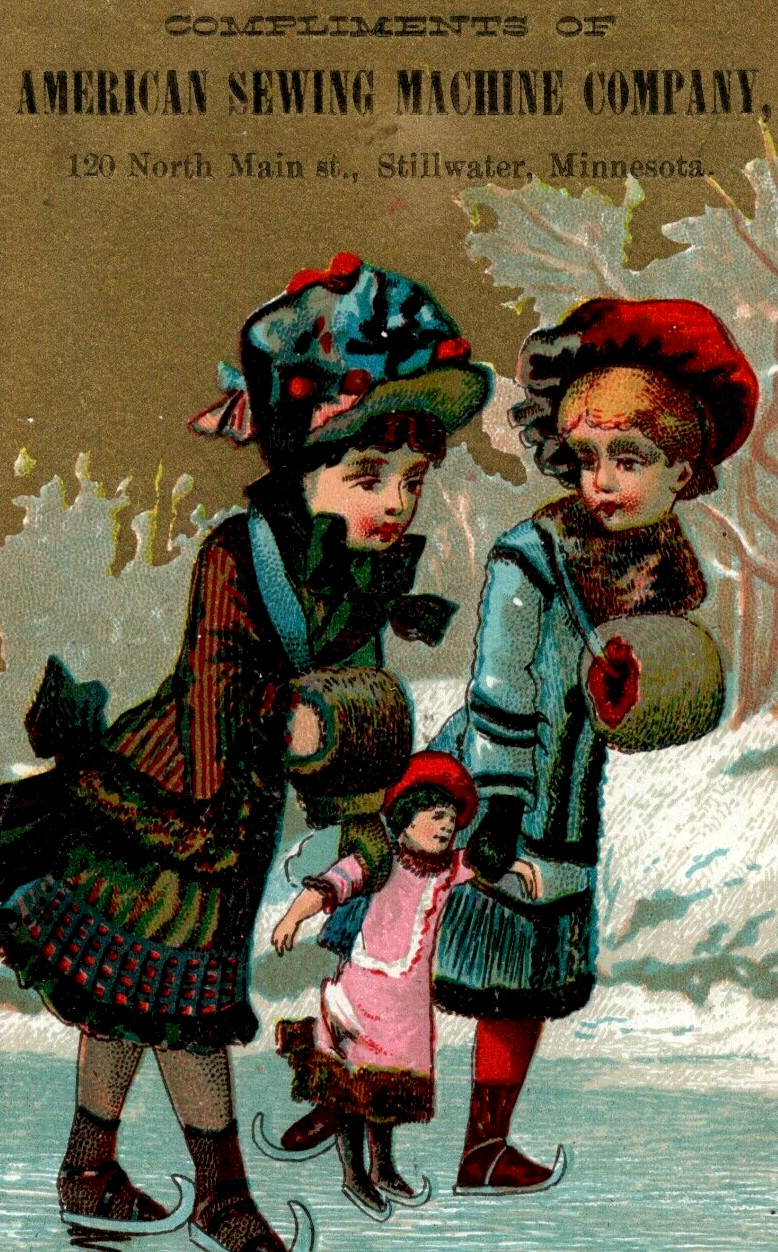 C1880-90 Victorian Trade Card Ice Skating American Sewing Machine Stillwater MN