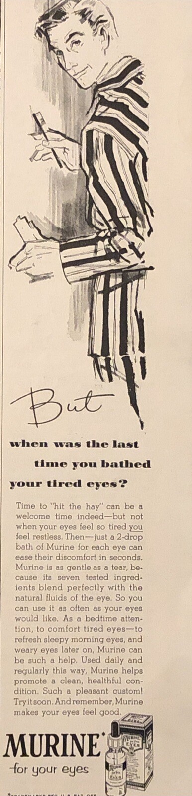 1955 Murine Eye Drops PRINT AD Brush Teeth Bathe Your Tired Eyes VTG 1950s