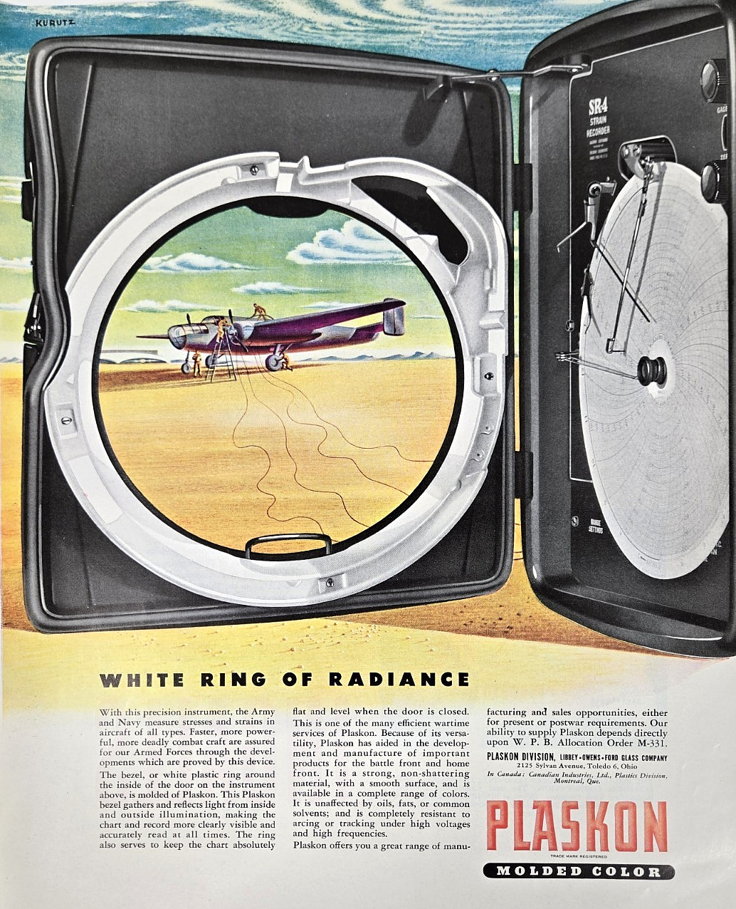 1944 Plaskon Print Ad WWII Aircraft Aviation Instrument Panel White Ring Radianc