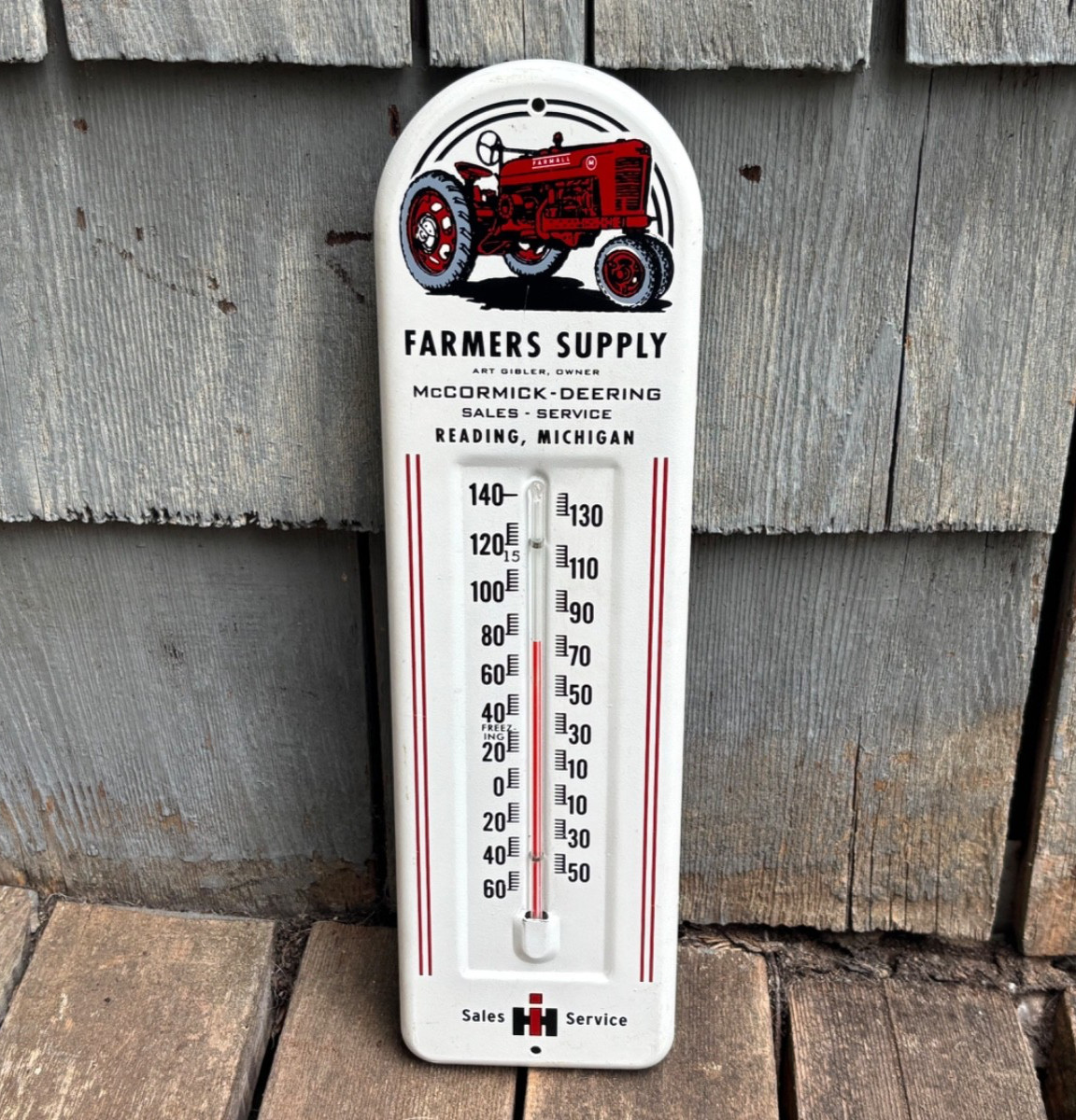 1940s McCORMICK-DEERING TRACTORS ~ READING MI Metal Thermometer IH FARMALL Sign