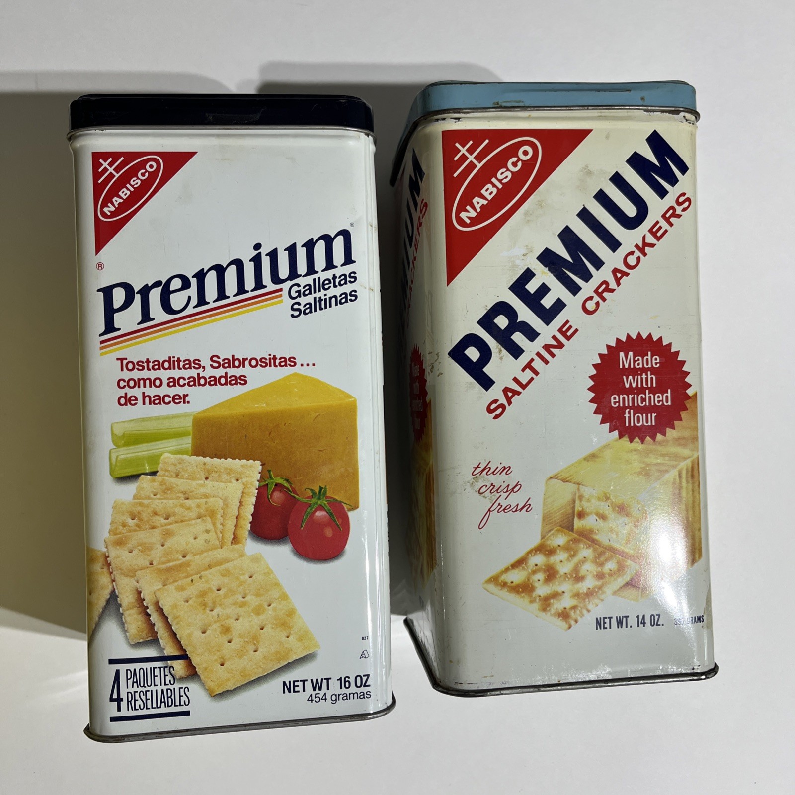 TWO 1969 & 1985 Premium Saltine Cracker TINs 14oz. Blue & Black Lids, 1 Spanish