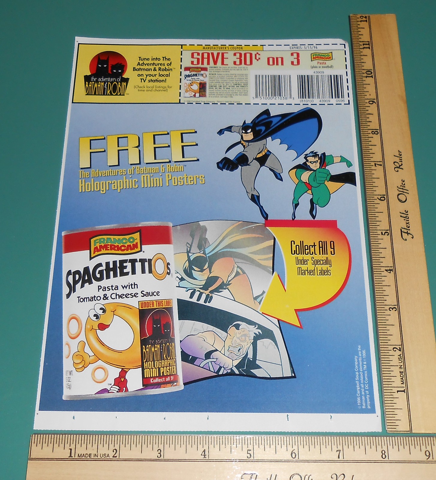 Vintage 1996 BATMAN and Robin Spaghettios Pasta Kids 1 Page Coupon Circular Ad