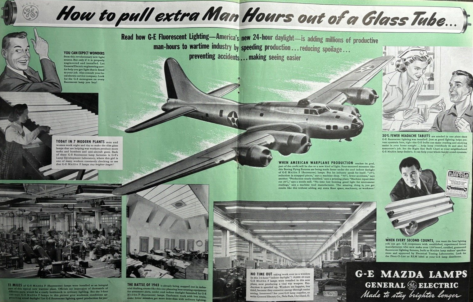 1942 General Electric Mazda Lamps WWII Warplane Production Plants VTG Print Ad