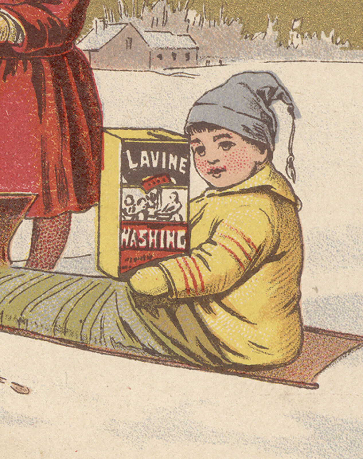1880’s LAVINE SOAP TRADE CARD, SNOW FUN FOR 3 CHILDREN, W/ SLED & SNOWSHOES V2