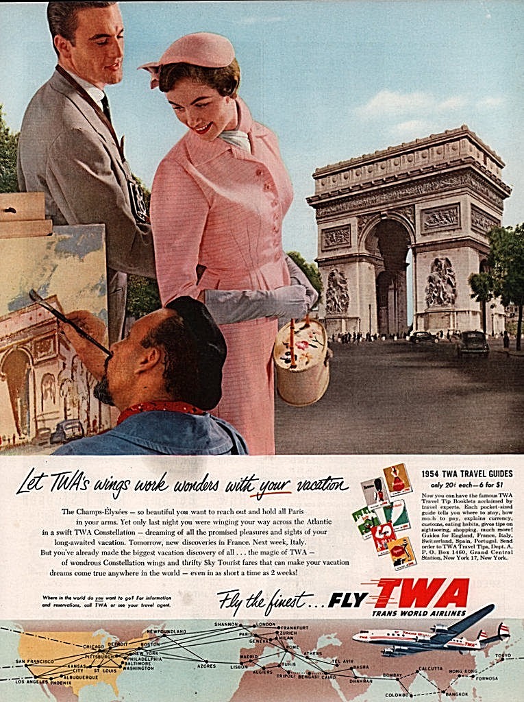 1954 AD TWA AIRLINE CHAMPS ELYSEES PRETTY PINK SUIT MAP CONSTELLATION PAINTER
