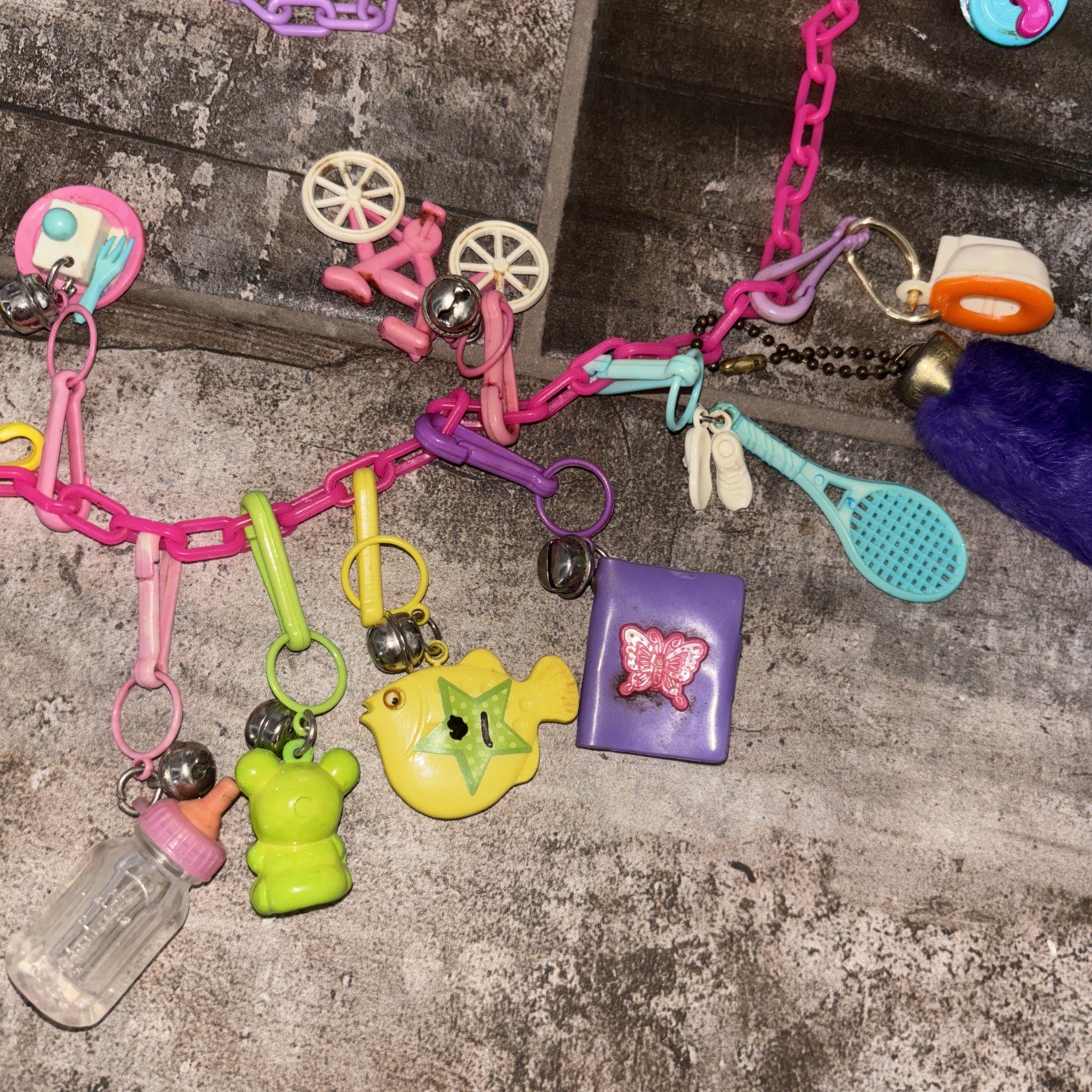 VTG 1980s Plastic Gumball Charm Necklace Mini Toys, Bells & Chains 39 pc