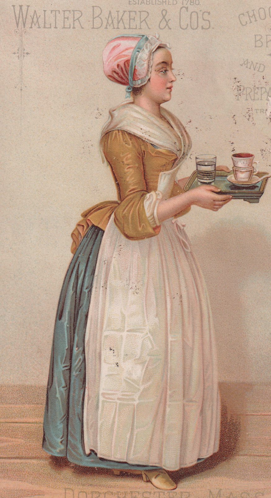 LG. WALTER BAKER & CO CHOCOLATE TRADE CARD, FAMOUS LOGO, BREAKFAST COCOA C488*
