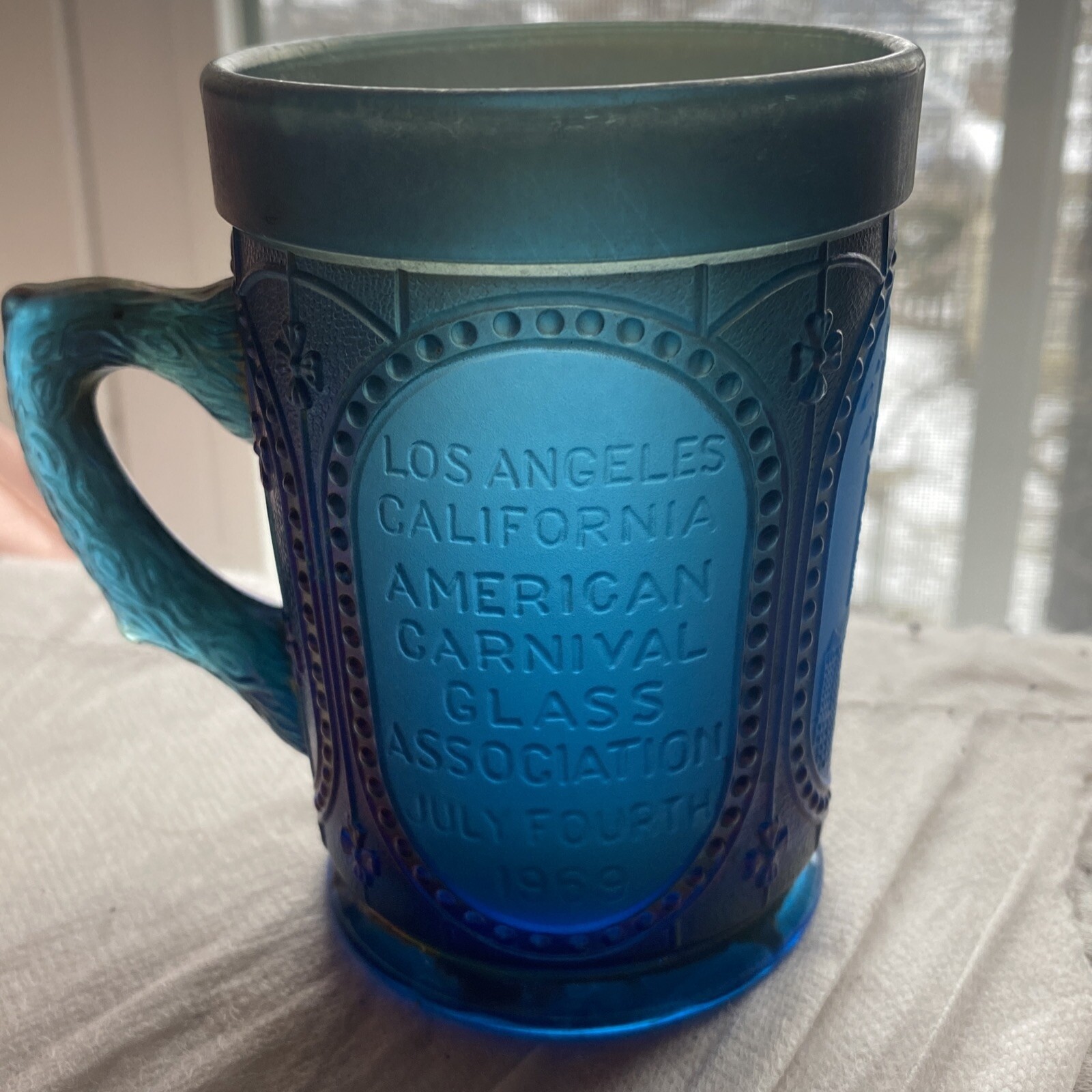 Imperial Glass Blue Carnival Glass 1969 A.C.G.A. Los Angeles Souvenir Cup Mug
