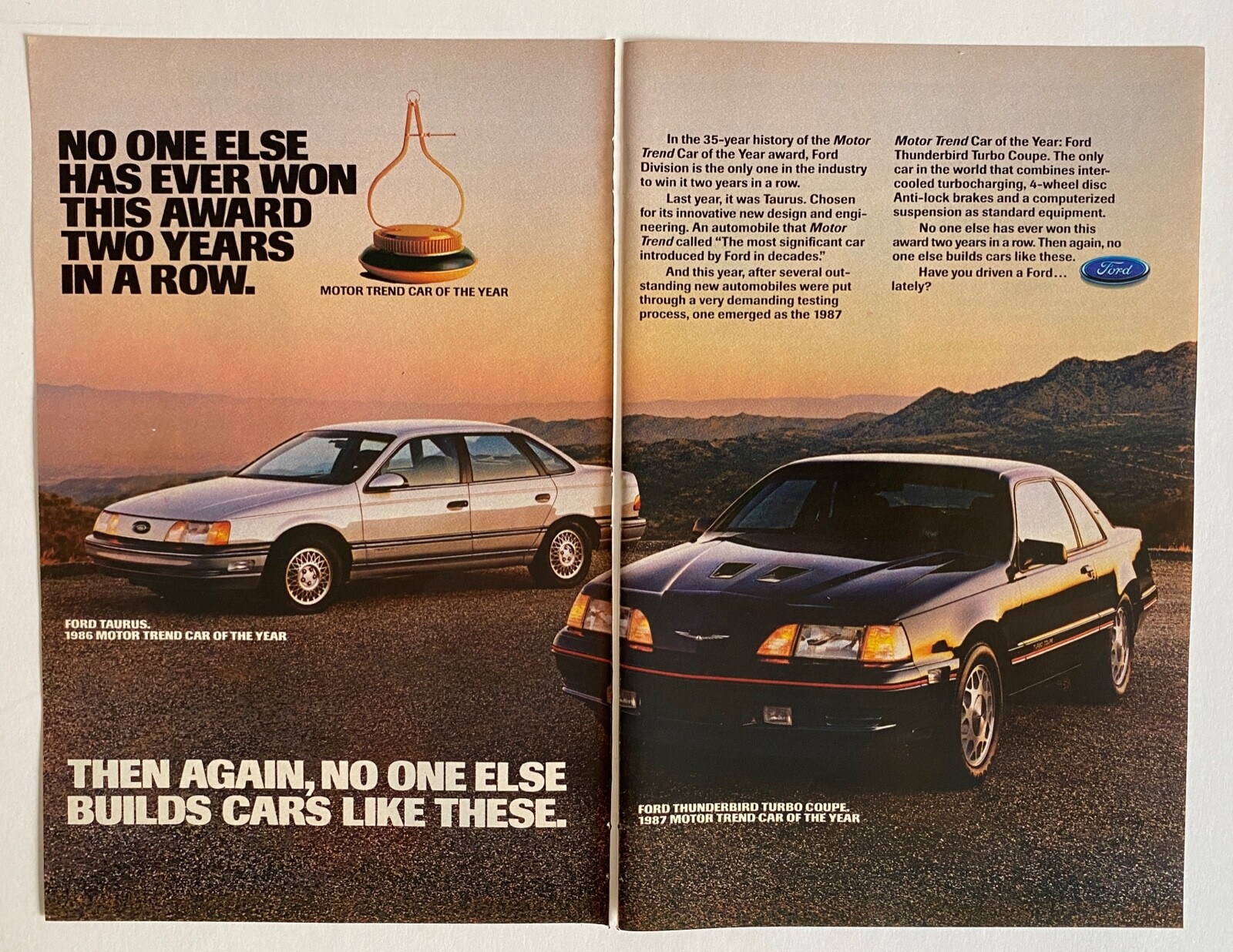 1987 FORD THUNDERBIRD TURBO COUPE Genuine Ad ~ Car of the Year ~ Taurus 2 Page