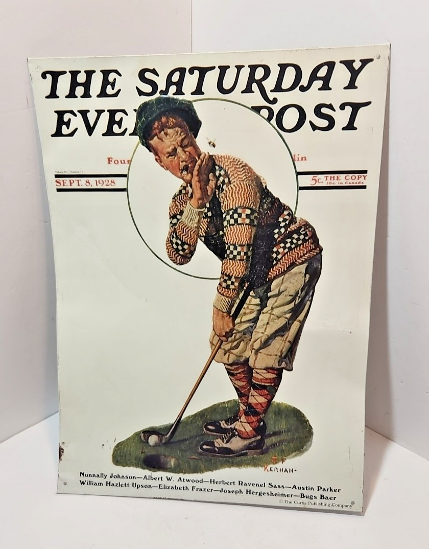 Vtg Tin Sign The Saturday Evening Post September 8, 1928 Golfer Wall Decor