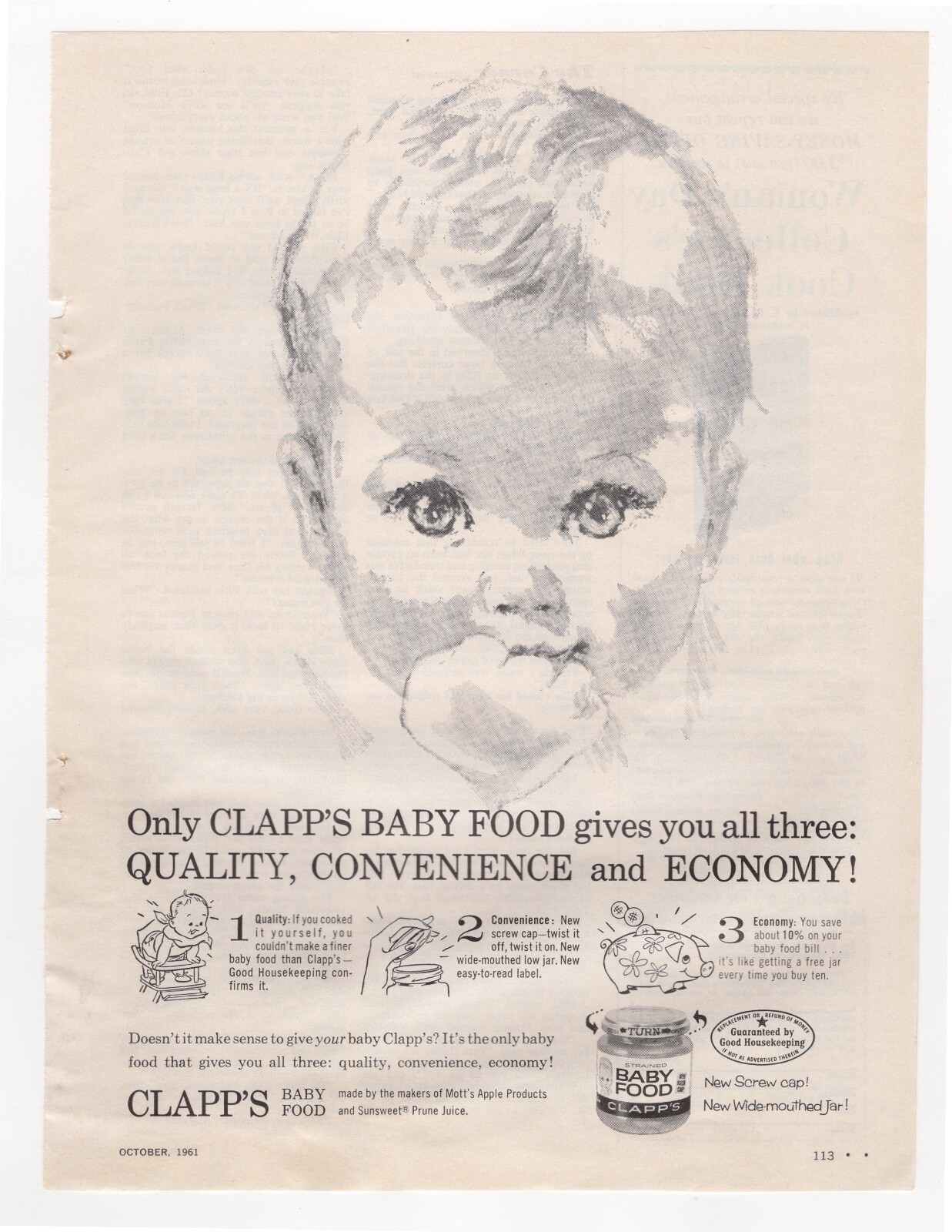 vintage 1961 mag print ad CLAPP’S BABY FOOD infant kid child