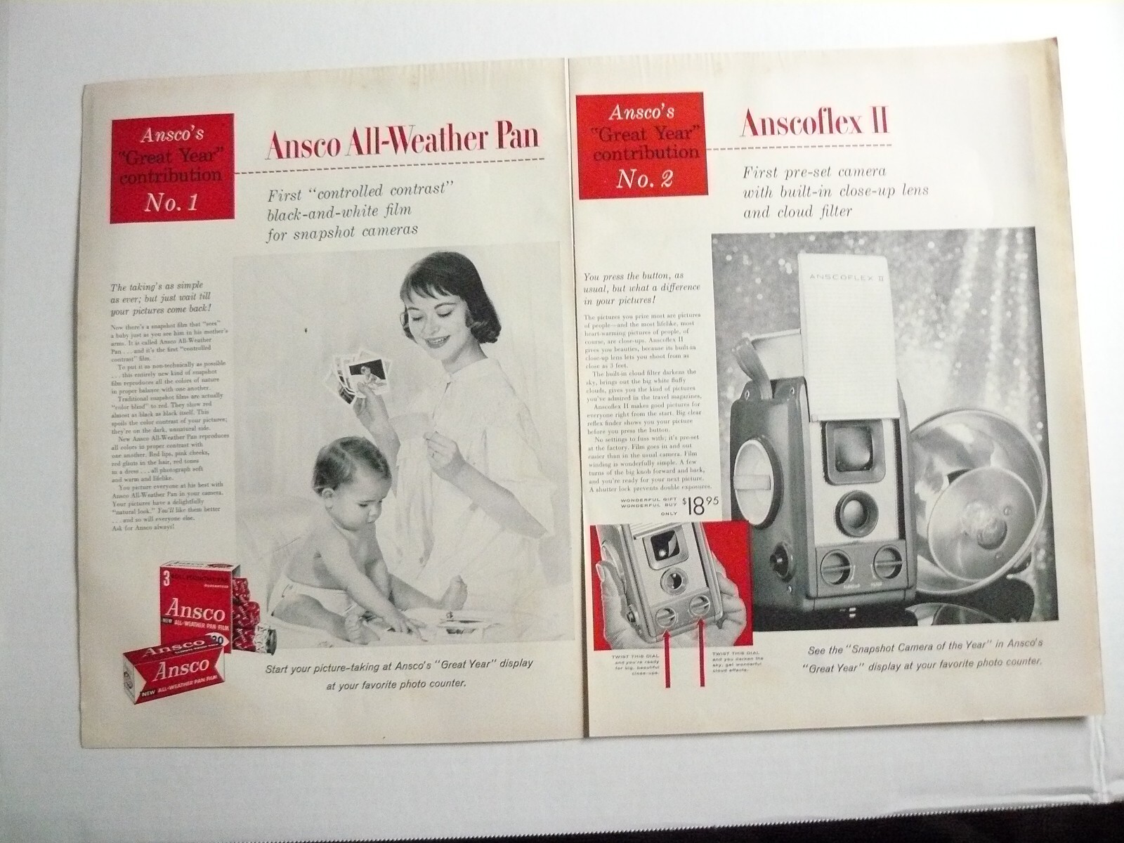1956 ANSCO Anscoflex II Camera All-Weather Pan Film mother baby 2-page Print Ad