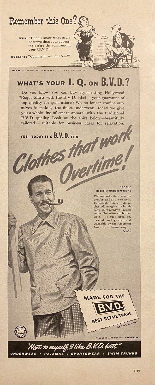 Vtg Print Ad 1944 B.V.D. Clothing Mens Fashion Retro Home Art Decor Gift WW2