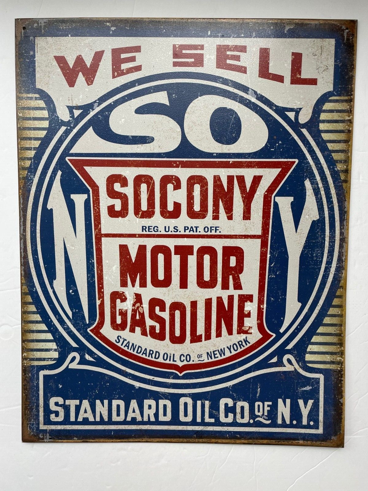 SOCONY STANDARD OIL Co of N.Y. 16″ X 12″ TIN SIGN WE SELL SOCONY MOTOR GASOLINE