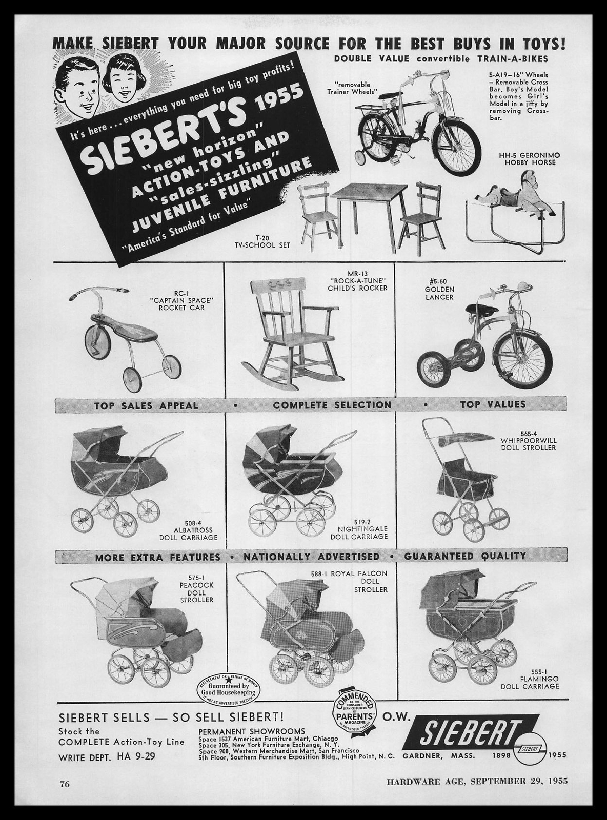 1955 Siebert Children’s Bicycles And Toys Gardner Massachusetts Vintage Print Ad