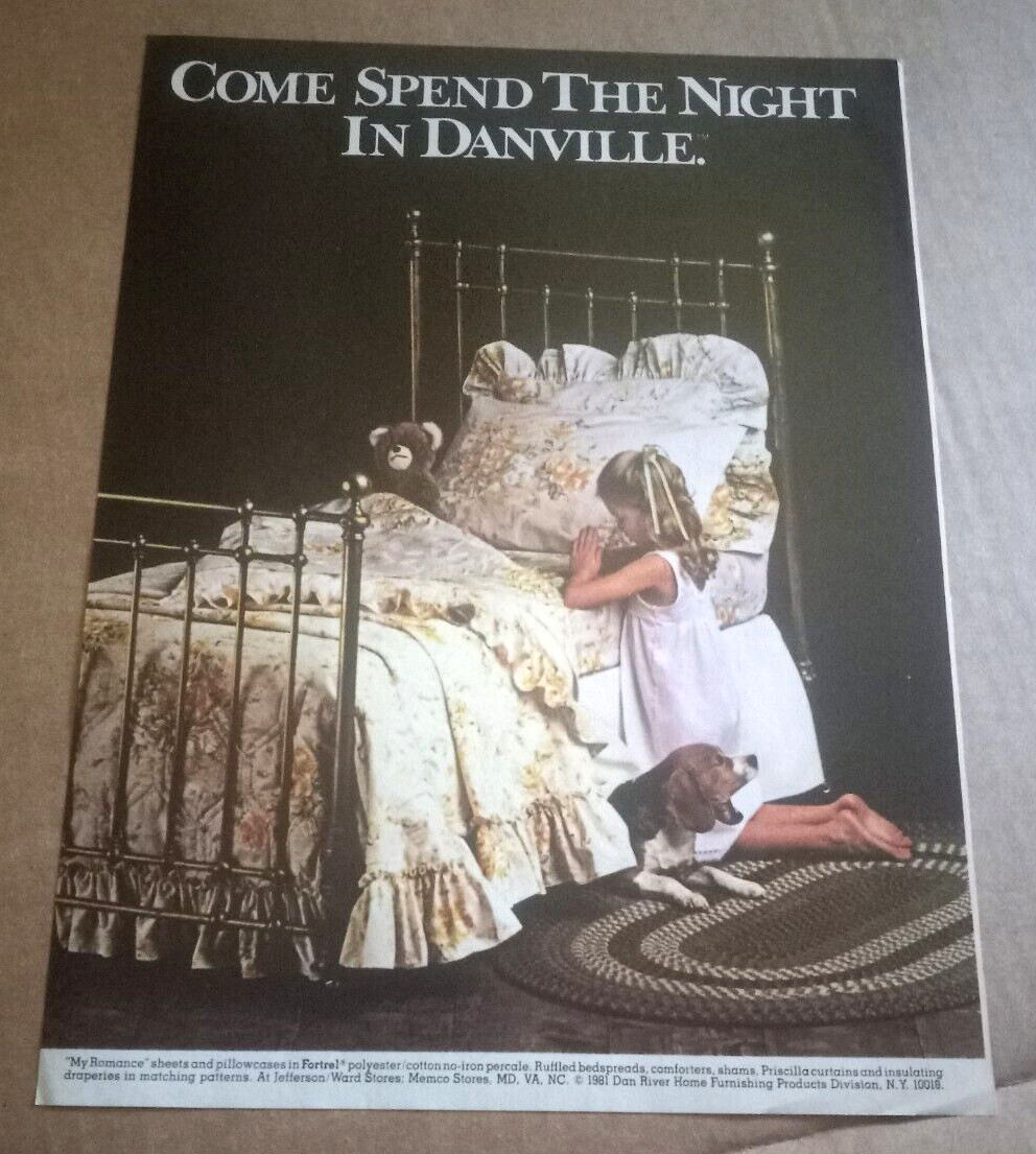 1981 print ad – Dan River bed linens cute little girl praying dog advertising