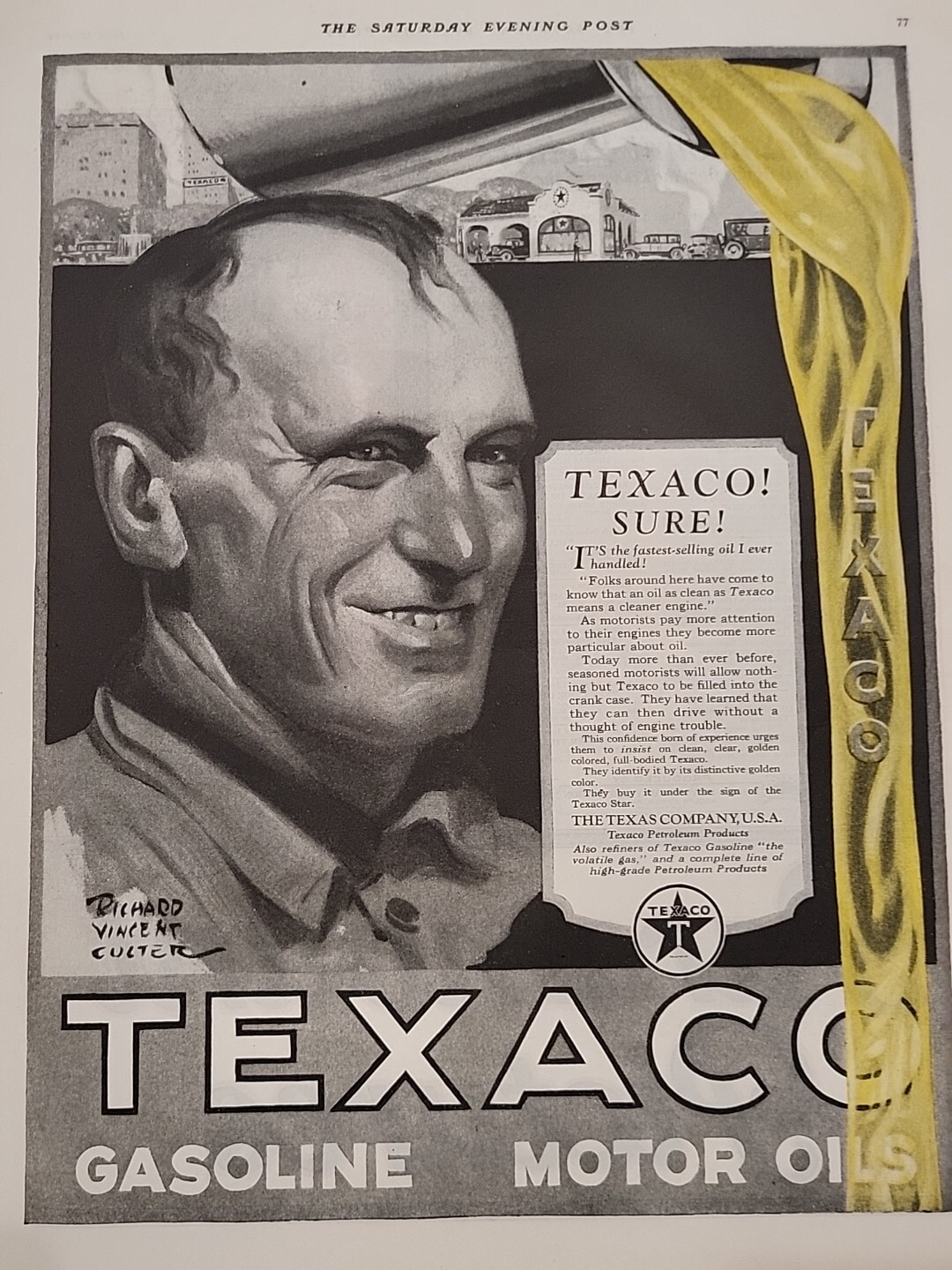 1924 Texaco Gasoline Motor Oil S. E. Post Print Ad David Vincent Culter Star
