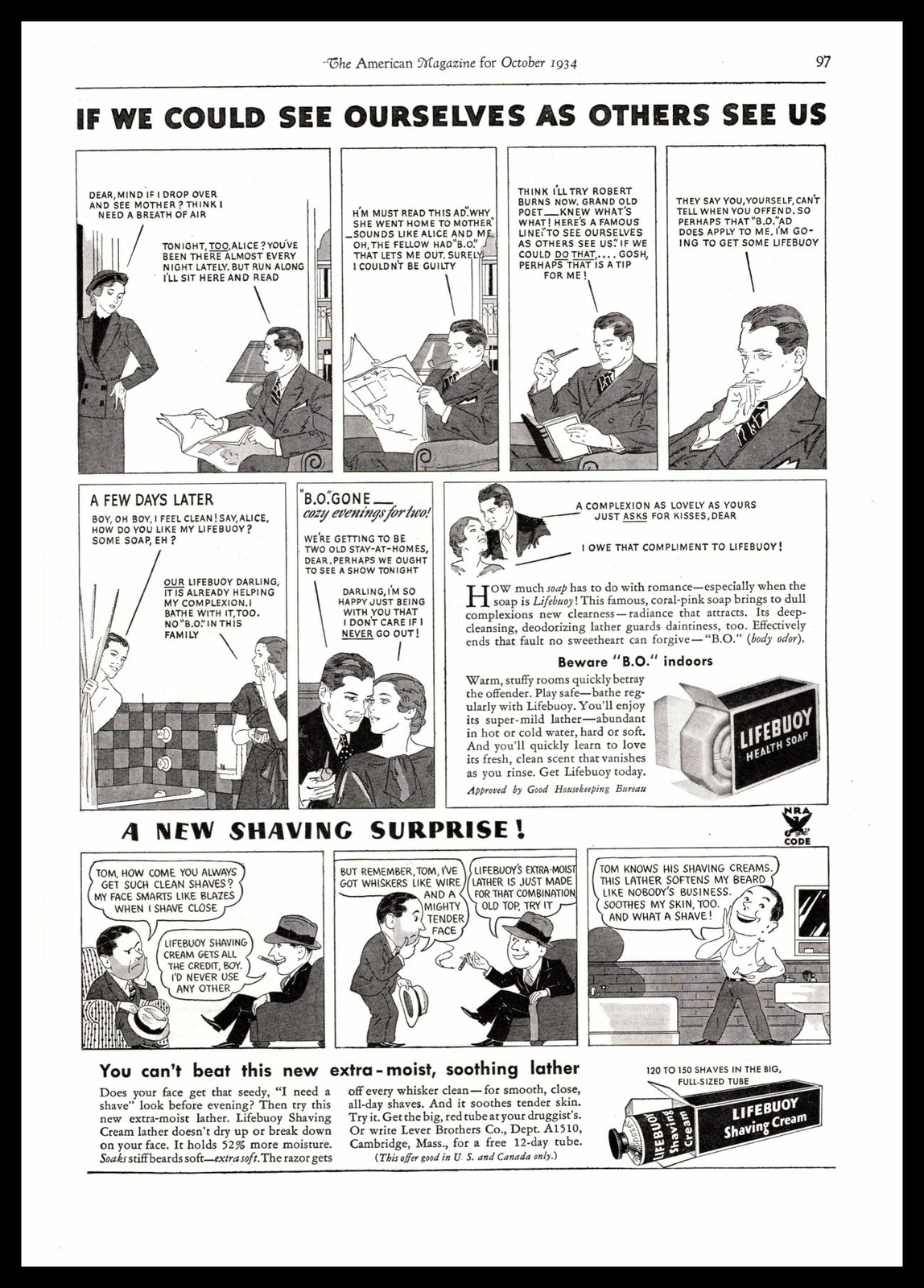 1934 Lifebuoy Health Soap Man With Body Odor Comic Strip Shaving Cream Print Ad