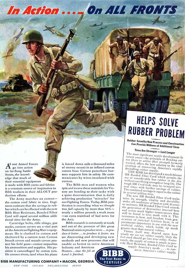 Bibb Bonded Fiber Cord IN ACTION ON ALL FRONTS Soldiers w/ Bayonet 1942 Print Ad