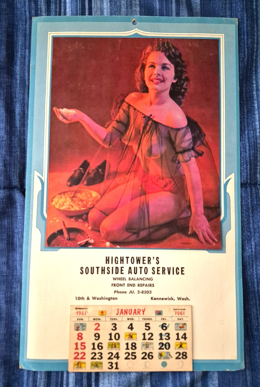 Vtg 1960 Pin Up Lithograph Hightower’s Southside Auto Srv. Kennewick WA Calendar