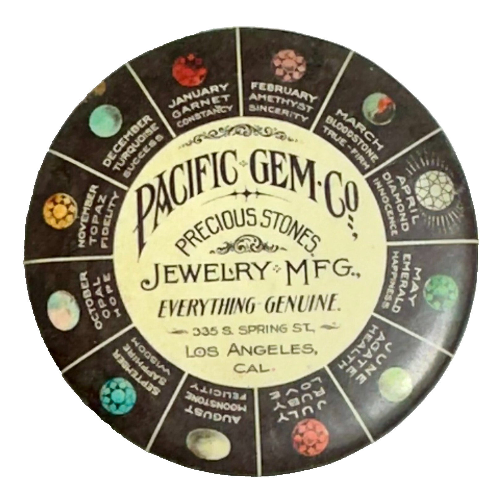 Pacific Gem Co Jewelry Mfg Los Angeles CA Birthstone Celluloid Pocket Mirror