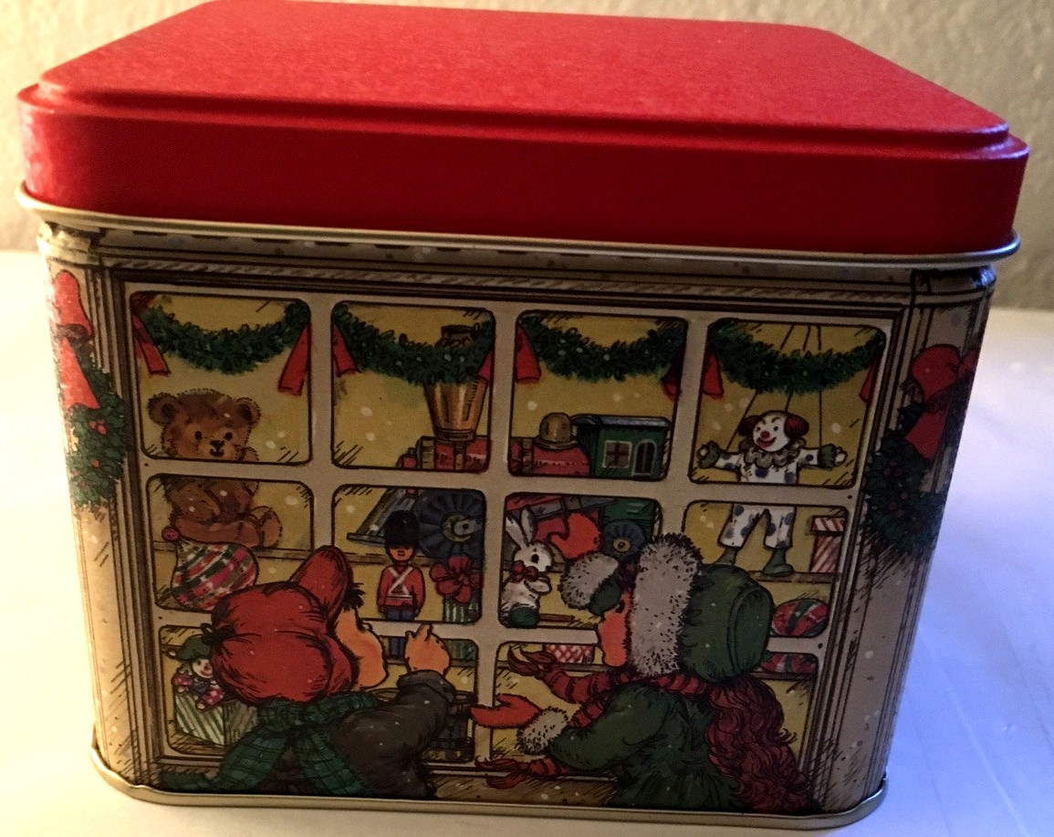 Vtg Potpourri Press Christmas Holiday Window Shopping with Kids Square Metal Tin