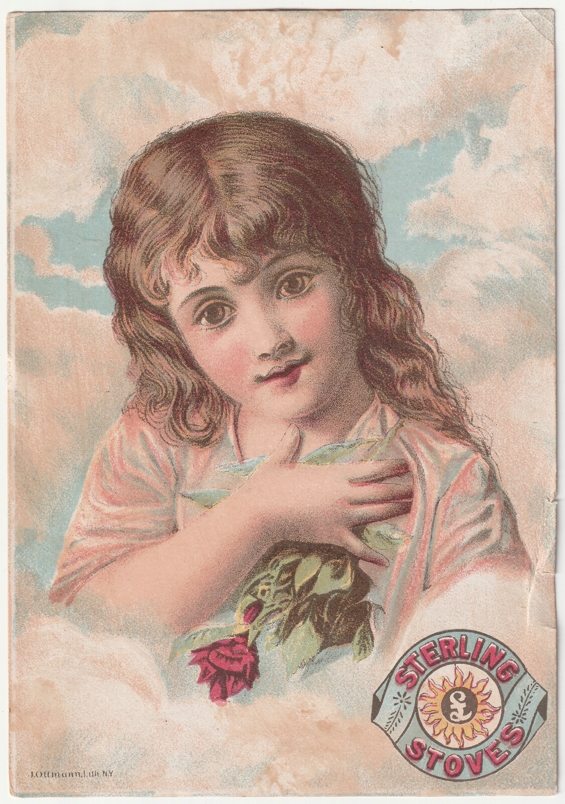 Sill Stove Works Sterling Stove Oven Ad Girl & Rose 1880s Victorian Trade Card