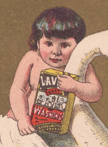1880’s LAVINE SOAP TRADE CARD, SMALL CHILD HUGGING A BEAUTIFUL GIANT SWAN K497