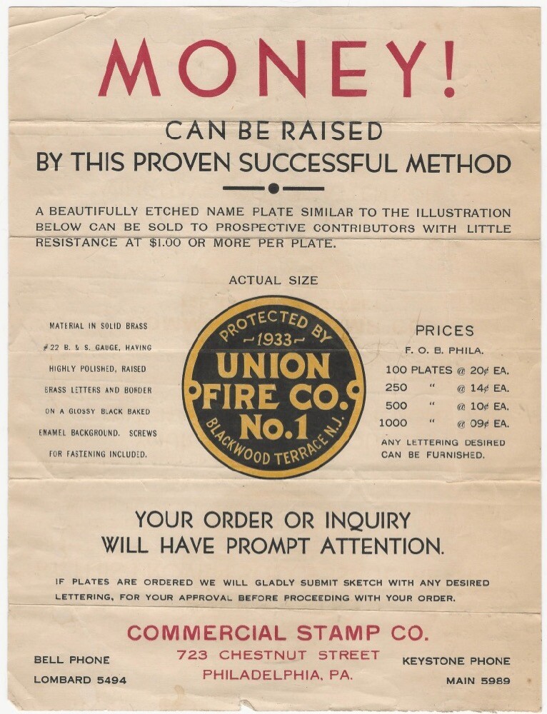 Brass & Enamel Name Plates – Commercial Stamp Co. 1920s Philadelphia Handbill