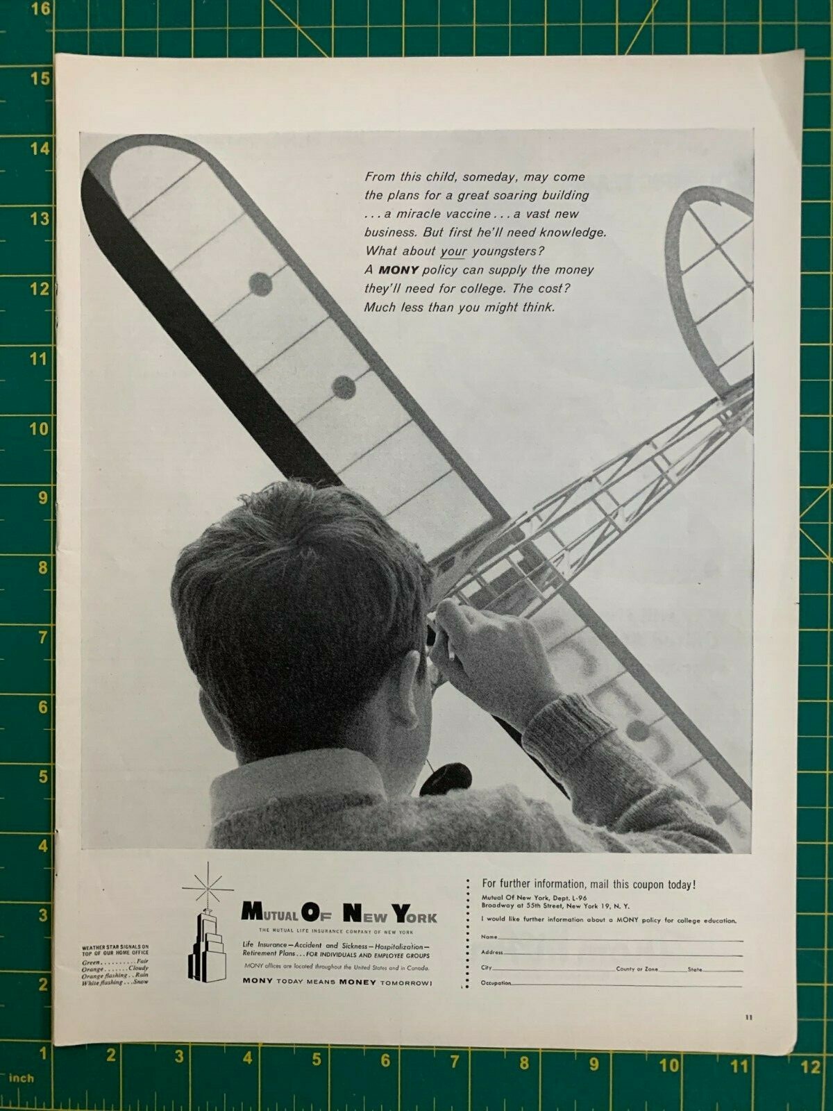 1956 Vintage Mutual Of New York Life Insurance Boy And RC Plane MONY Print Ad H1