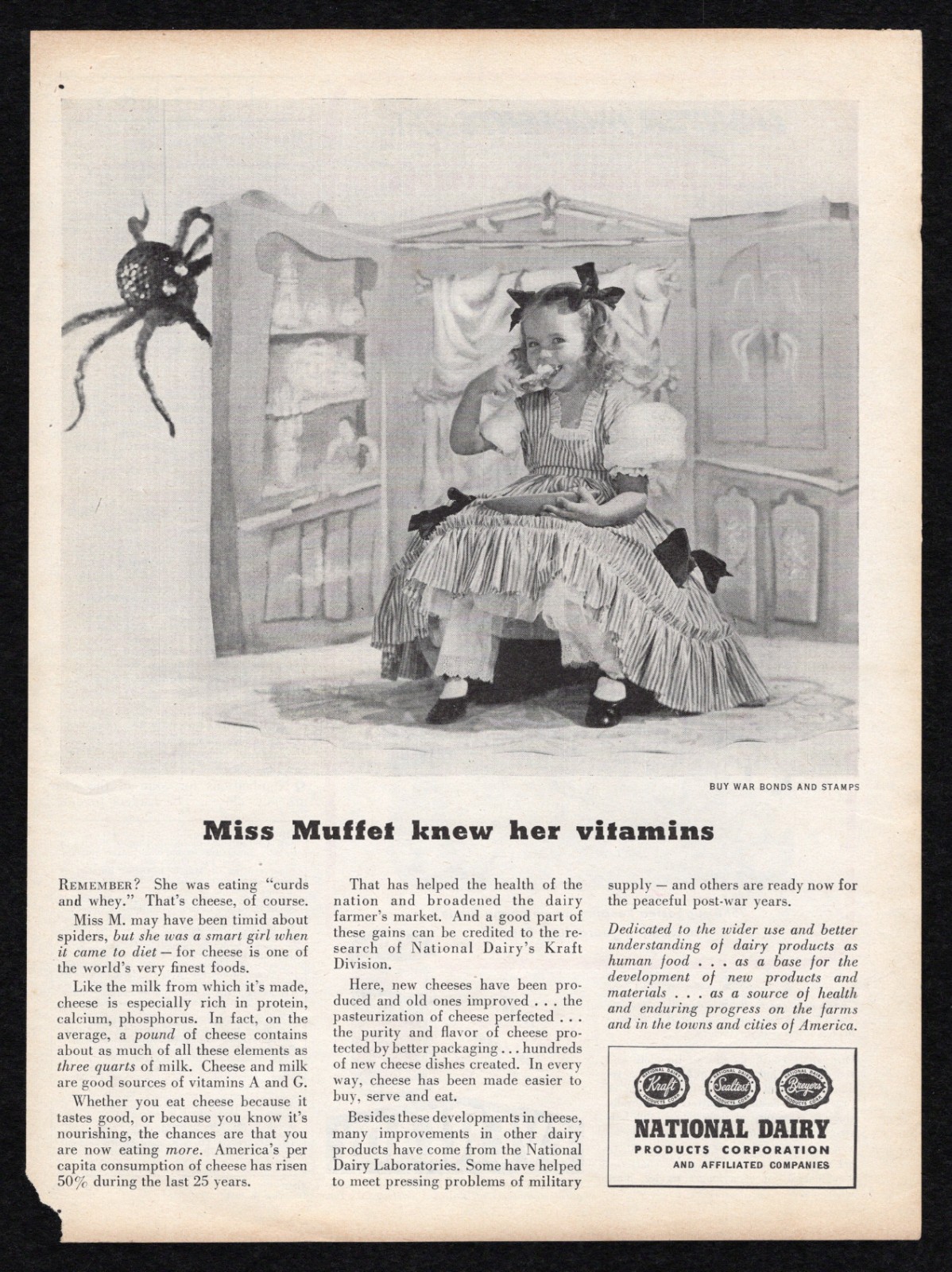 1944 National Dairy Miss Muffet Knew Her Vitamins Curds Whey Spider Print Ad