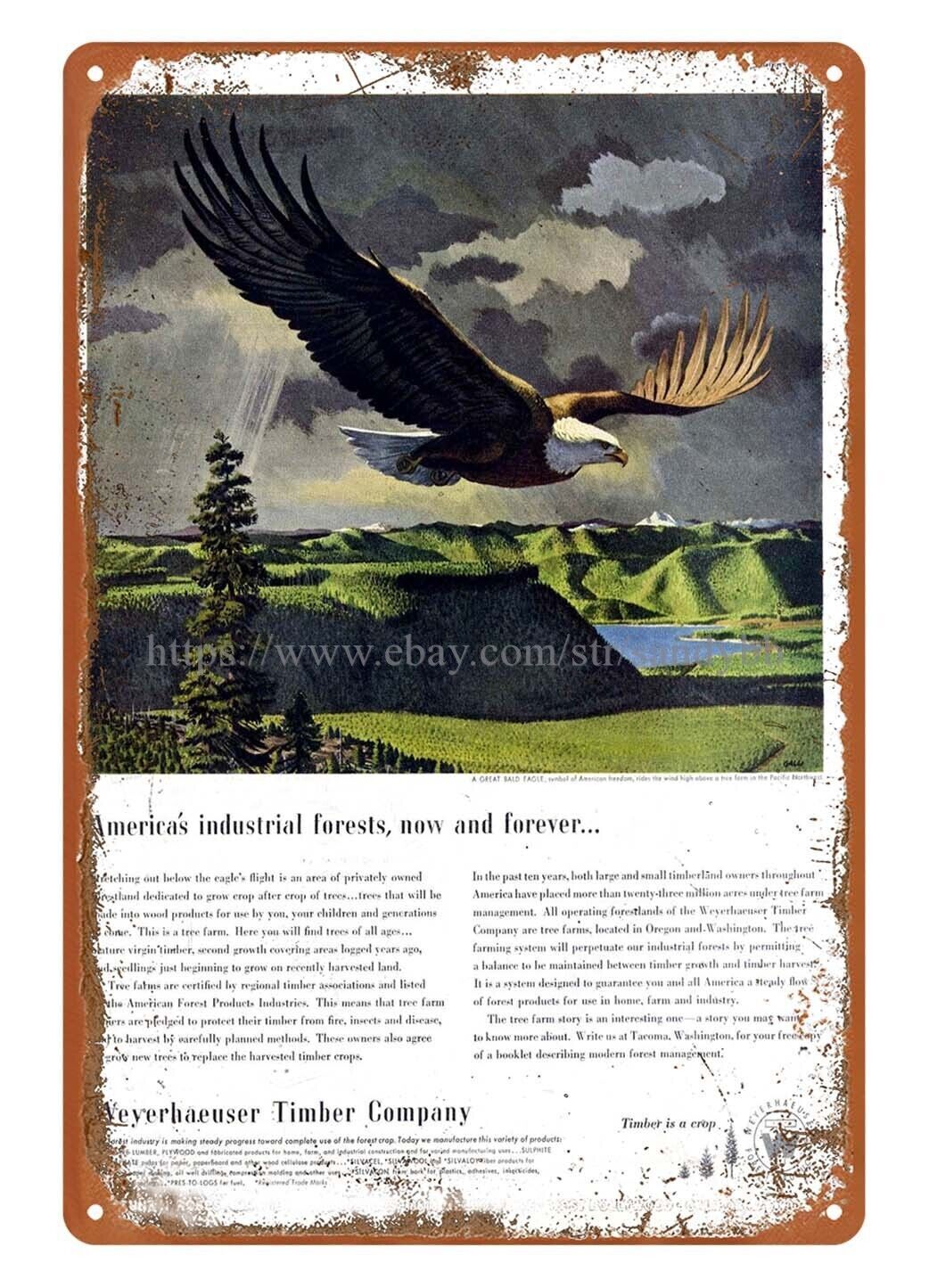 America’s industrial forests 1952 Weyerhaeuser company eagle metal tin sign