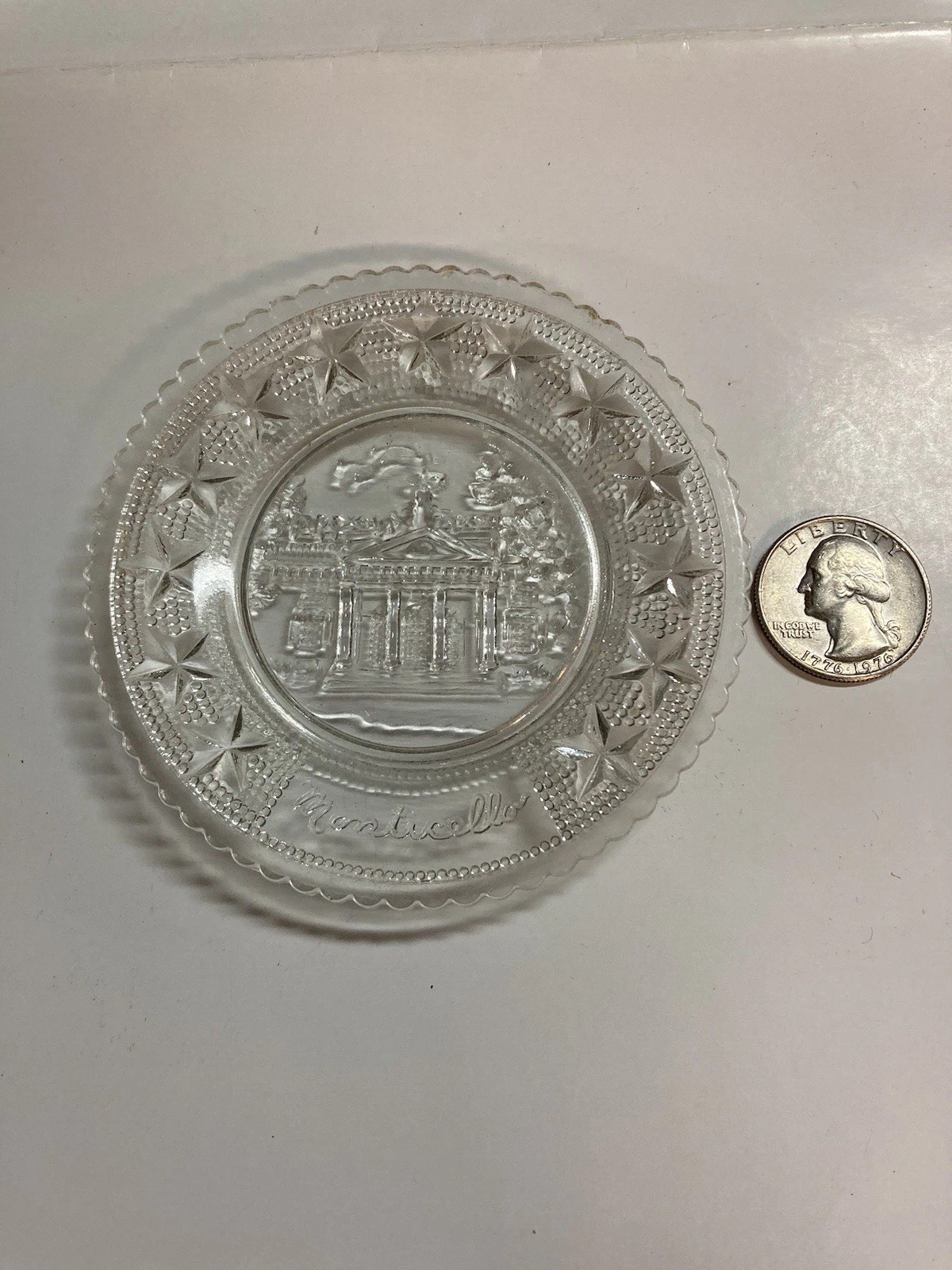 vintage 3.5 inch glass Monticello tip tray Thomas Jefferson old
