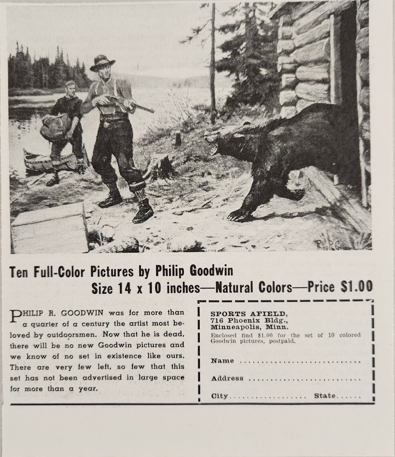 1942 Print Ad Full Color Pictures Offer by Artist Philip Goodwin Hunters & Bear