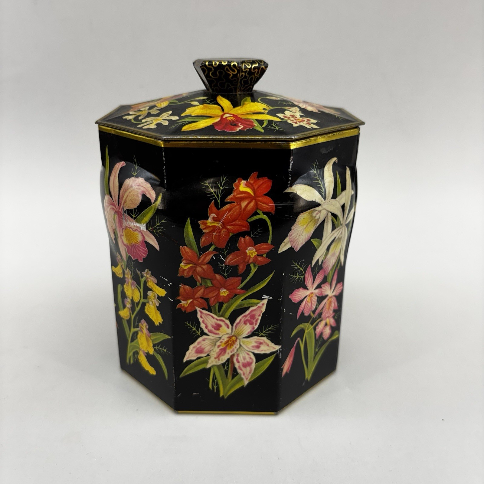Vintage Candy Toffee Rich Lilies Floral Metal Tin Box Made in England Antique 6”