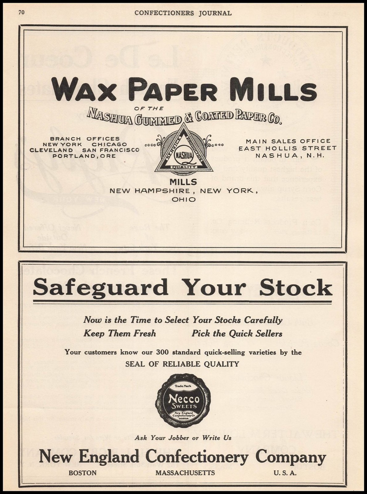 1919 New England Confectionery Boston Massachusetts Necco Sweets Logo Print Ad