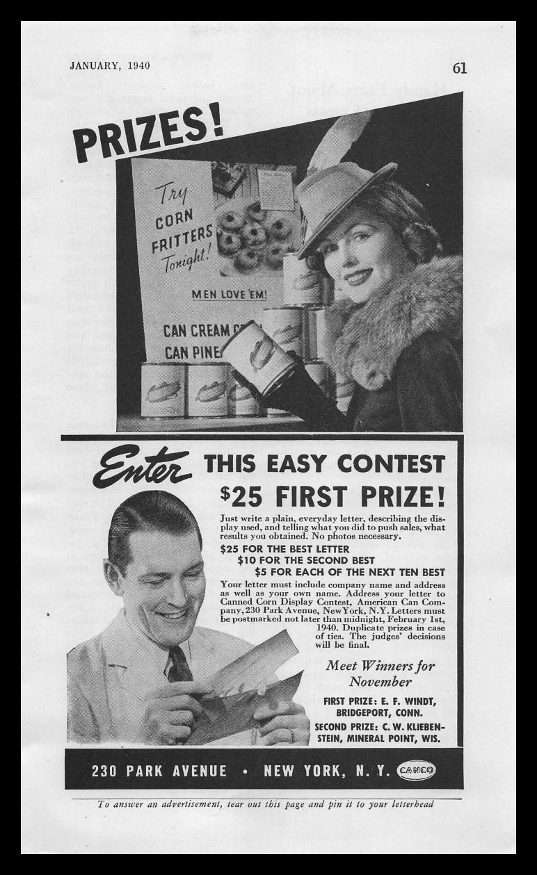 1940 CANCO Can Cream Corn Fritters Grocery Store Display Vintage Print Ad