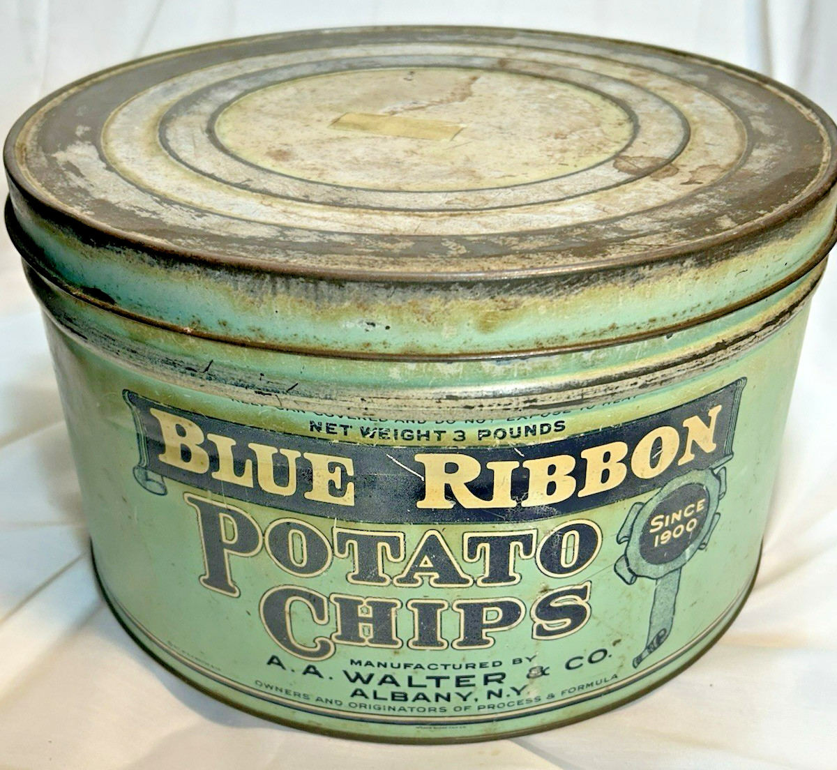 Potato Chip Can Blue Ribbon 3lbs. Vintage 1920’s Albany NY 12″x7.5″