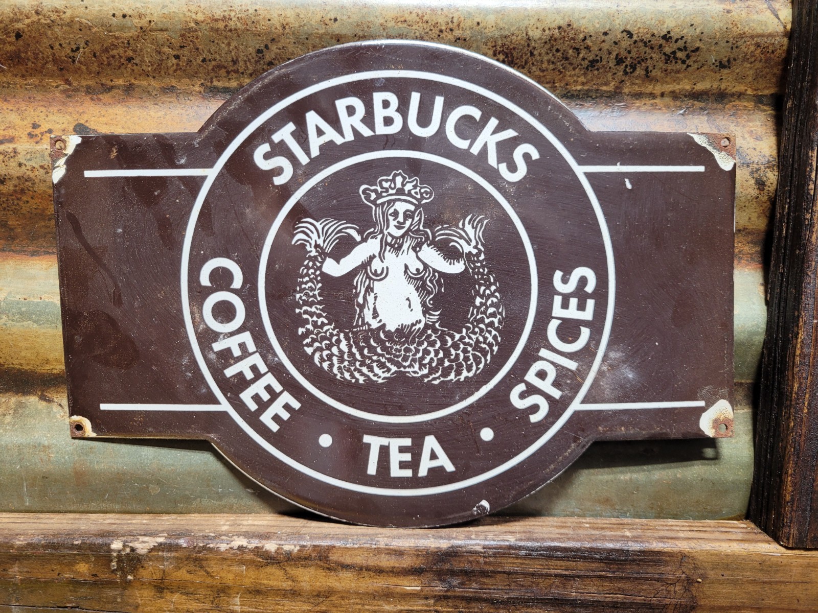 VINTAGE ORIGINAL STARBUCKS LOGO PORCELAIN SIGN OLD COFFEE TEA SPICES SEATTLE WA